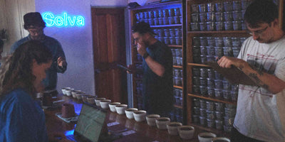 Multiple people cupping specialty coffee in a room with a neon sign