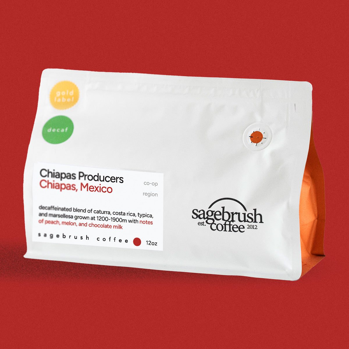 Sagebrush Coffee package of Chiapas Producers specialty coffee beans with a red background