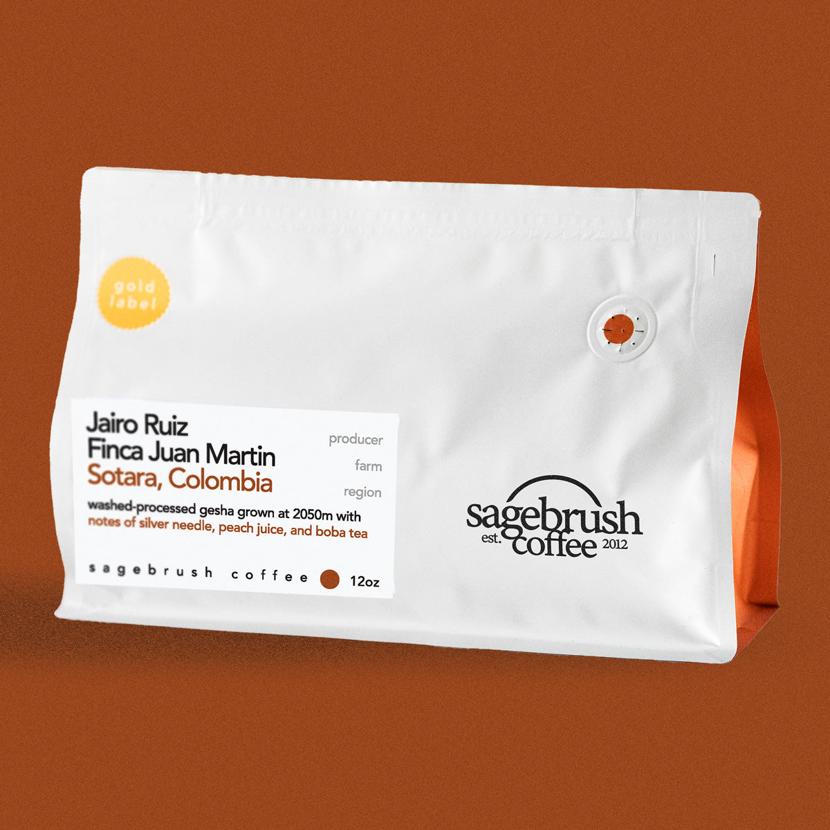 Sagebrush Coffee package of Jairo Ruiz specialty coffee beans with a dark orange background