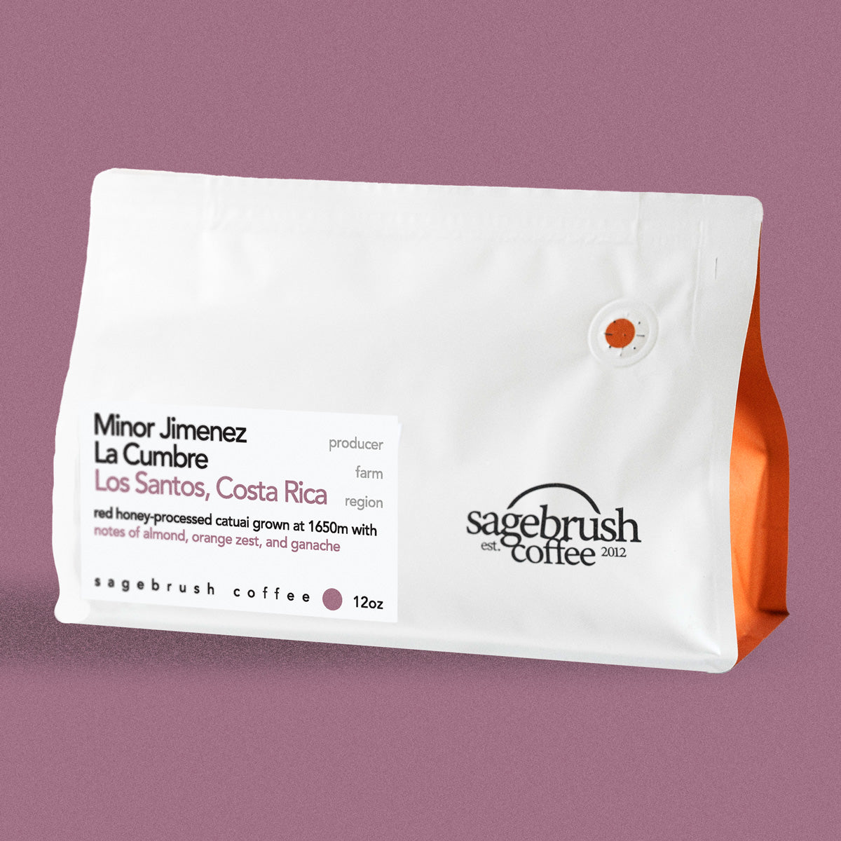 Sagebrush Coffee package of Minor Jimenez specialty coffee beans with a purple background
