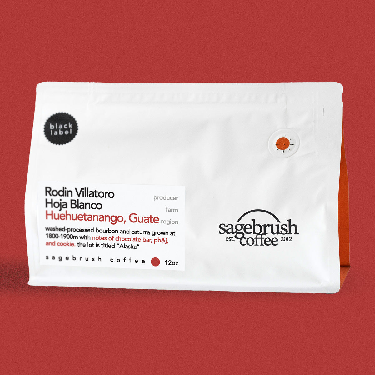 Sagebrush Coffee package of Rodin Villatoro specialty coffee beans with a red background