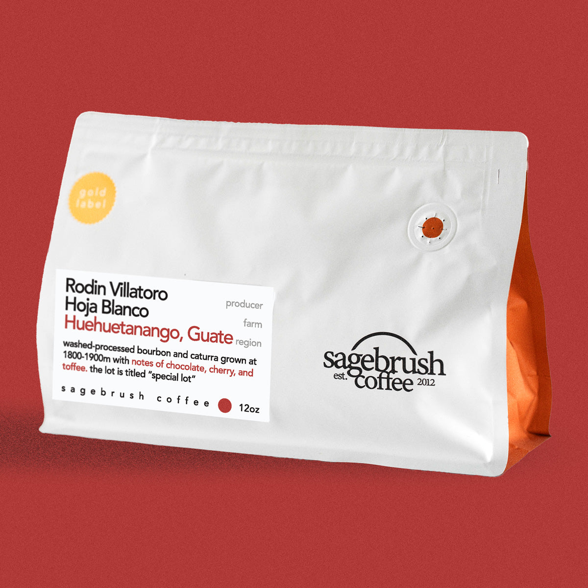 Sagebrush Coffee package of Rodin Villatoro specialty coffee beans with a red background