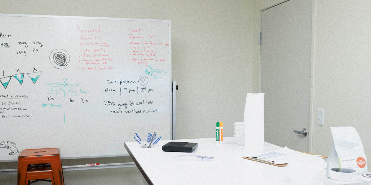 Whiteboard with writing and a table with stationery in Sagebrush Coffee's cupping lab
