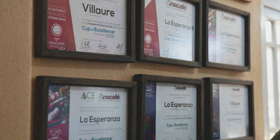 Framed awards and certificates on a wall, including 'Villaure' and 'La Esperanza'