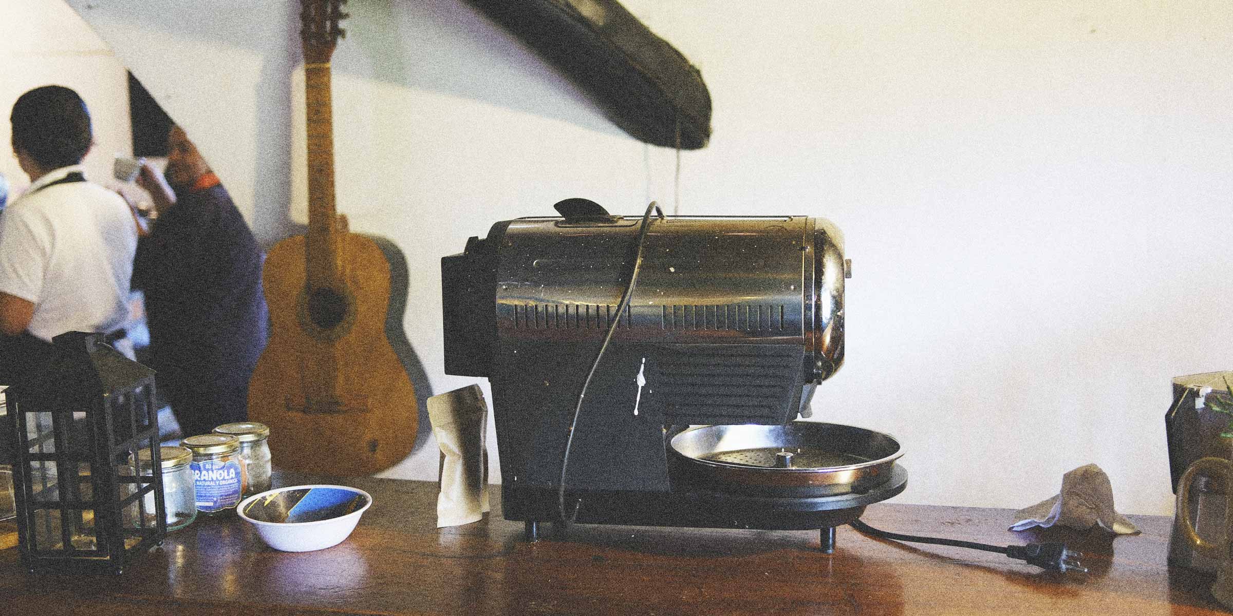 Hot top coffee roaster in a hotel in Colombia