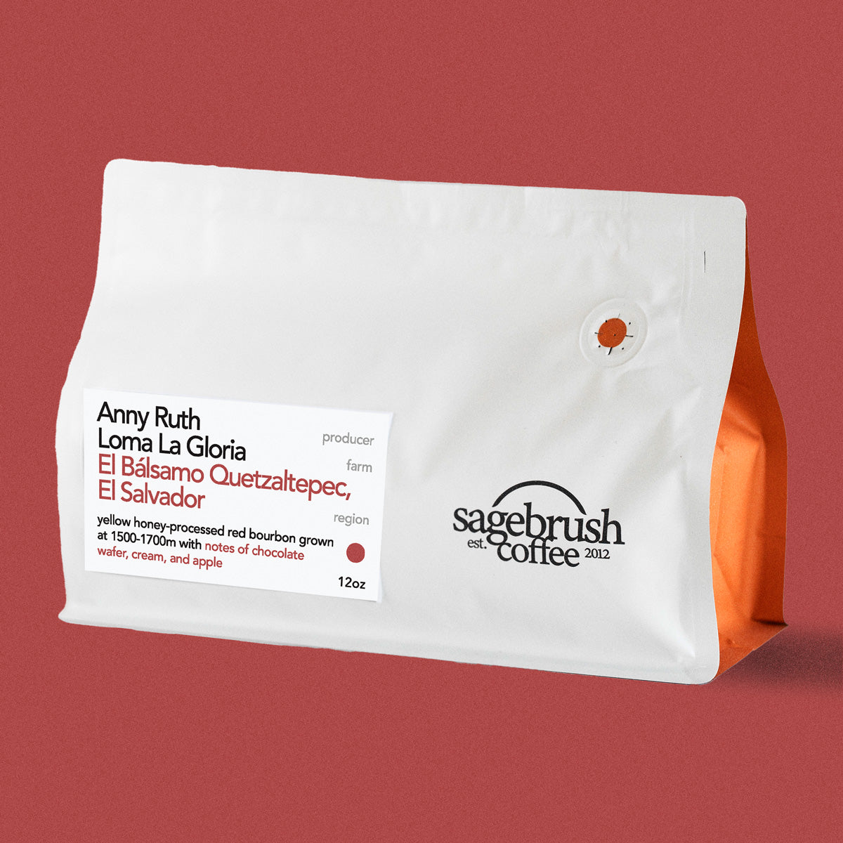 Sagebrush Coffee package of Anny Ruth specialty coffee beans with a red background