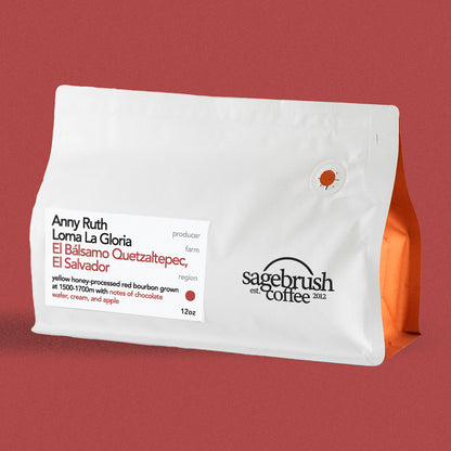 Sagebrush Coffee package of Anny Ruth specialty coffee beans with a red background