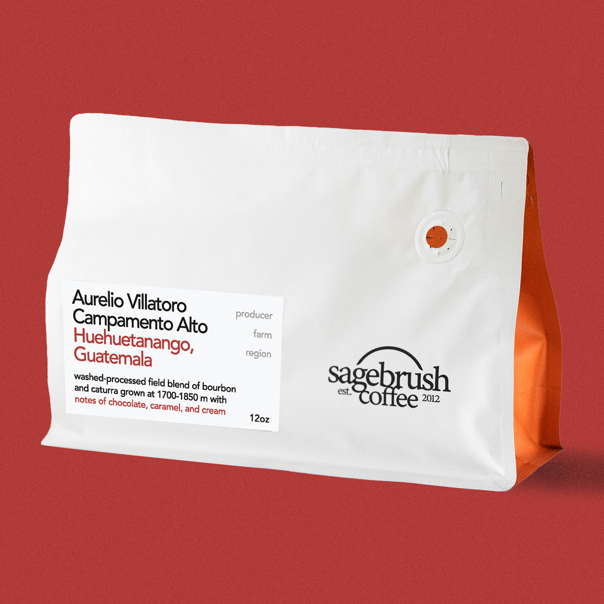 Sagebrush Coffee package of Aurelio Villatoro specialty coffee beans with a red background
