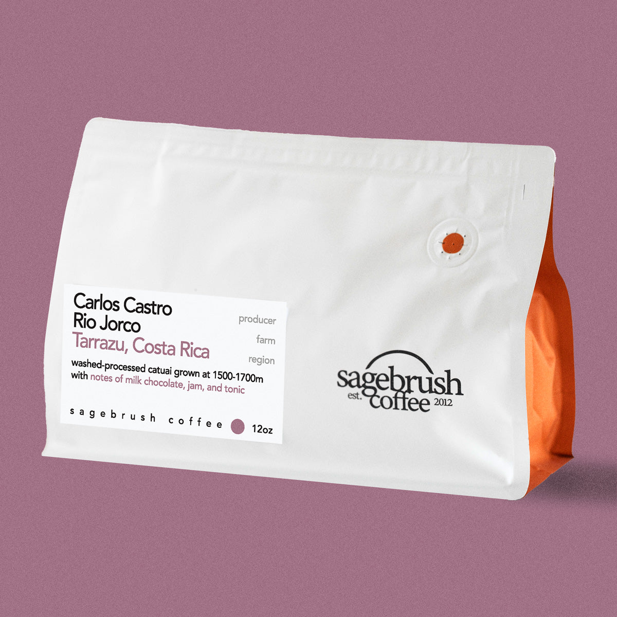 Sagebrush Coffee package of Carlos Castro specialty coffee beans with a purple background