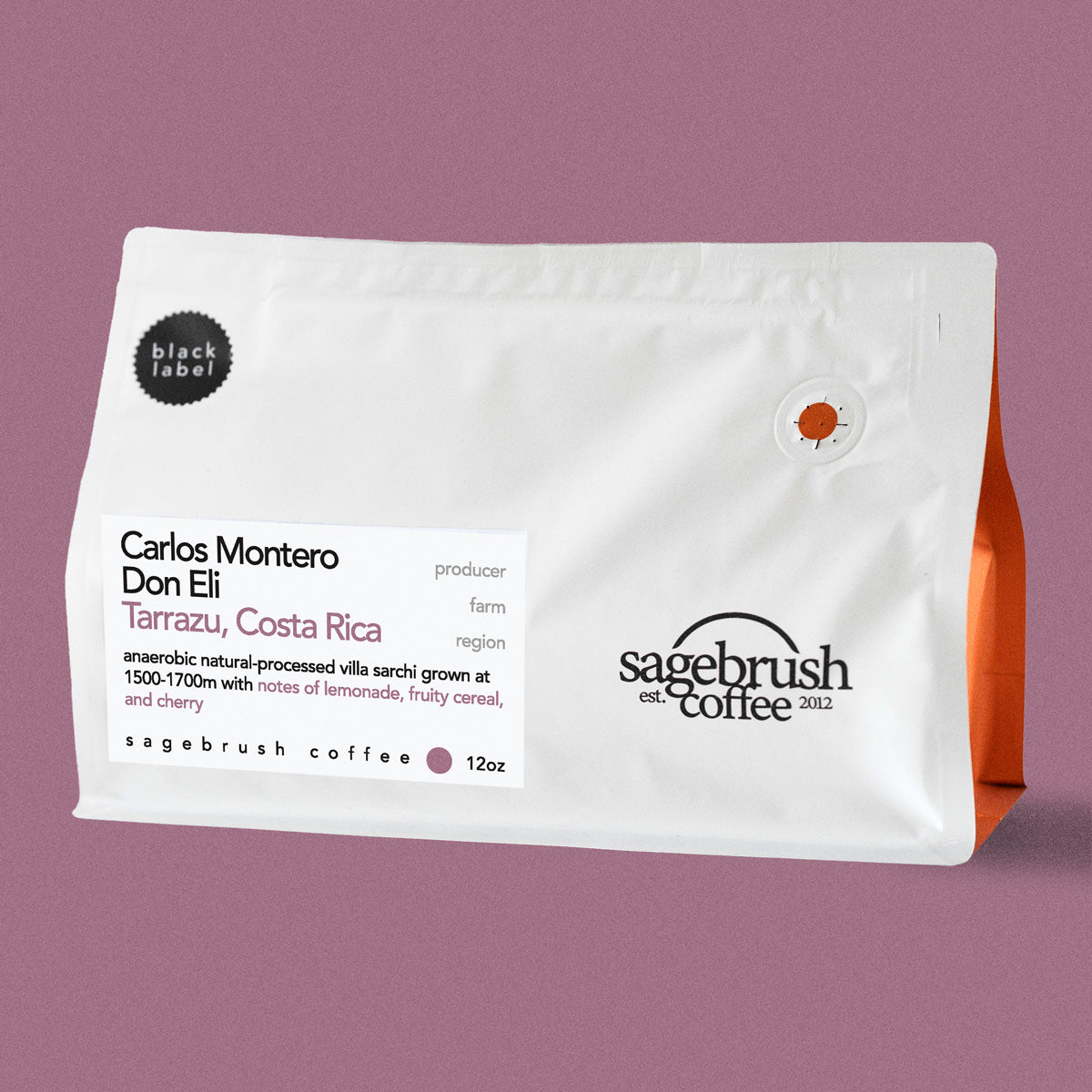 Sagebrush Coffee package of Carlos Montero specialty coffee beans with a purple background