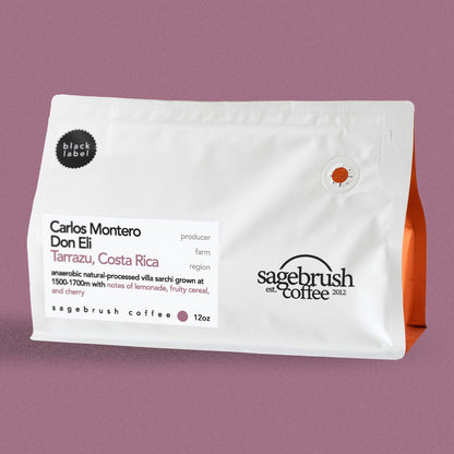 Sagebrush Coffee package of Carlos Montero specialty coffee beans with a purple background