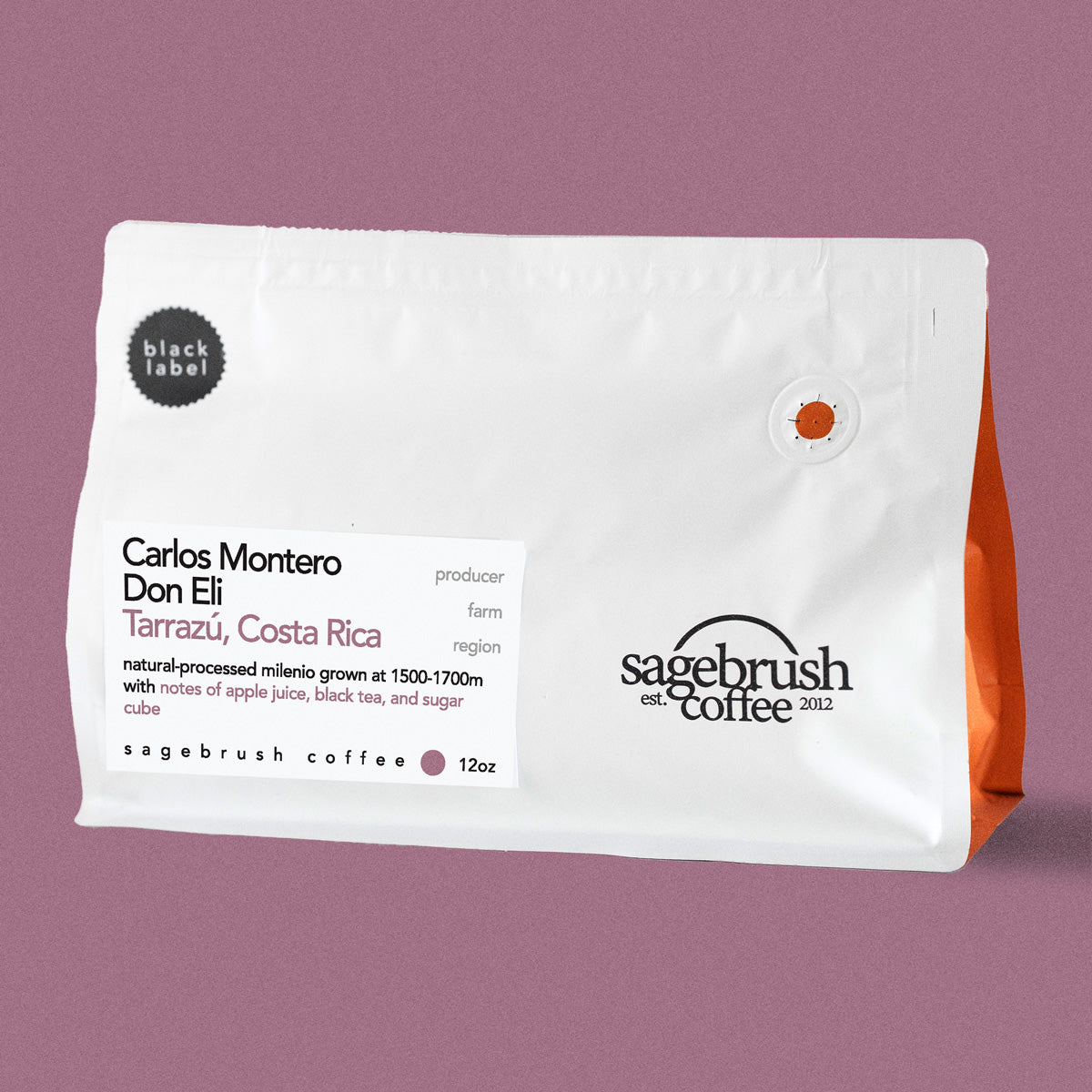 Sagebrush Coffee package of Carlos Montero specialty coffee beans with a purple background