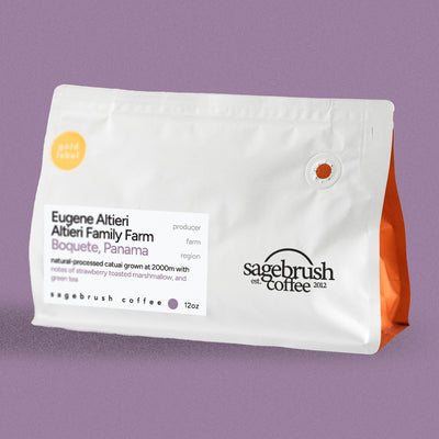 Sagebrush Coffee package on a purple background