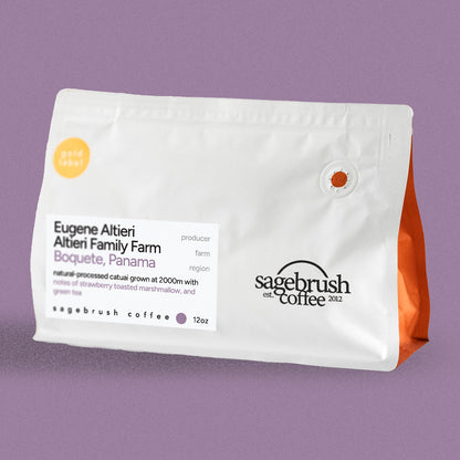 Sagebrush Coffee package on a purple background
