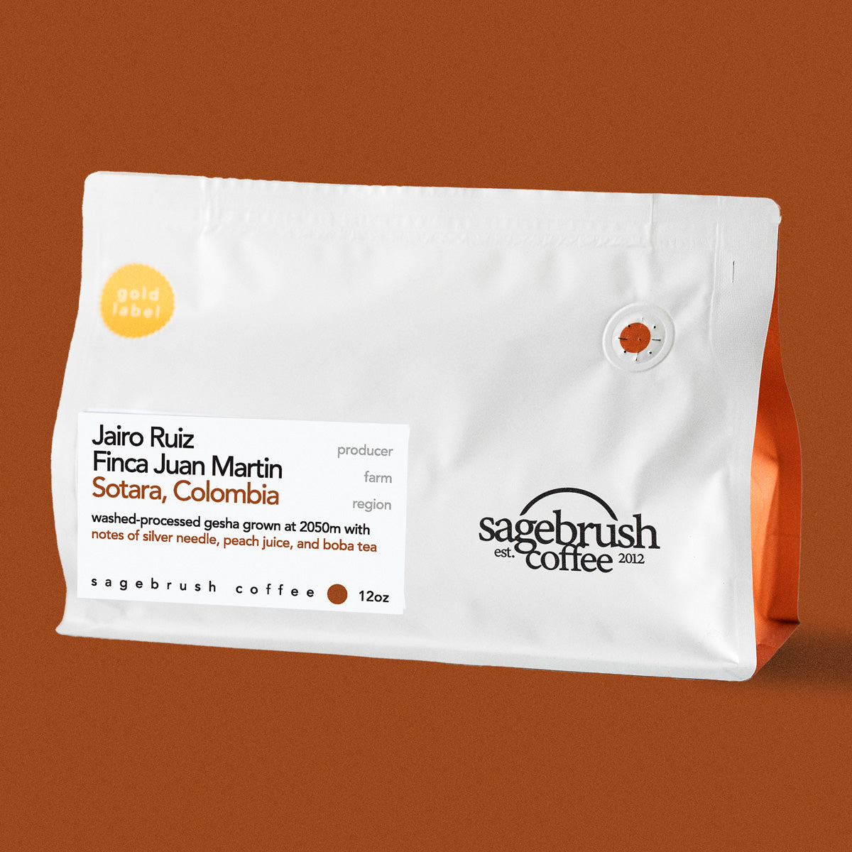 Sagebrush Coffee package of Jairo Ruiz specialty coffee beans with a dark orange background