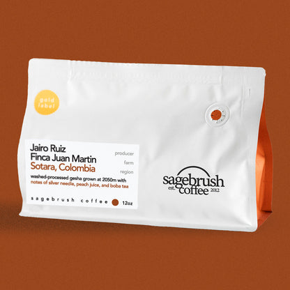 Sagebrush Coffee package of Jairo Ruiz specialty coffee beans with a dark orange background