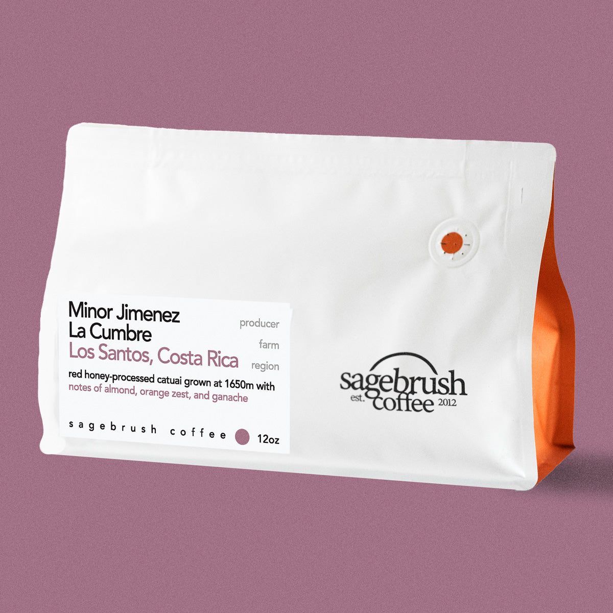 Sagebrush Coffee package of Minor Jimenez specialty coffee beans with a purple background
