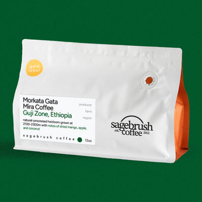 Sagebrush Coffee bag with Morkata Gata Mira Coffee on a green background
