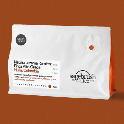 Sagebrush Coffee package of Natalia Lezama Ramirez specialty coffee beans with a dark orange background