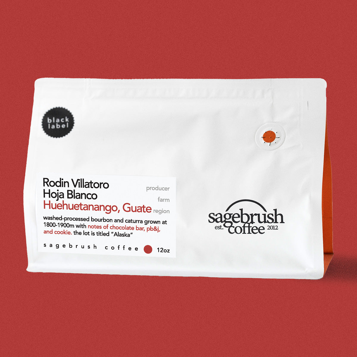 Sagebrush Coffee package of Rodin Villatoro specialty coffee beans with a red background