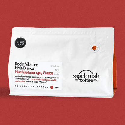 Sagebrush Coffee package of Rodin Villatoro specialty coffee beans with a red background