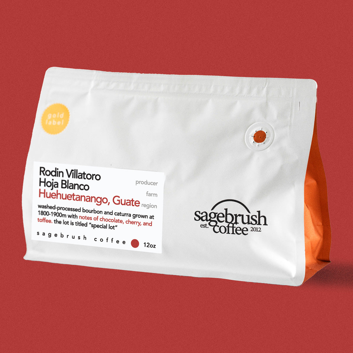 Sagebrush Coffee package of Rodin Villatoro specialty coffee beans with a red background