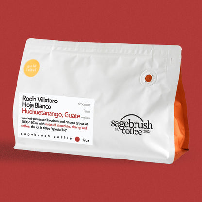 Sagebrush Coffee package of Rodin Villatoro specialty coffee beans with a red background