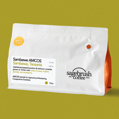 Sagebrush Coffee package of Sambewe specialty coffee beans with a green background